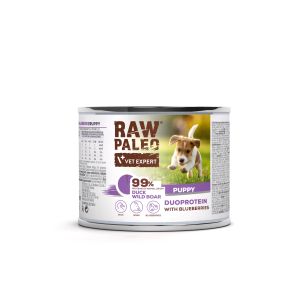 Raw Paleo Duck& Wild Boar Puppy - консерва с патица, диво прасе и боровинка за подрастващи кучета