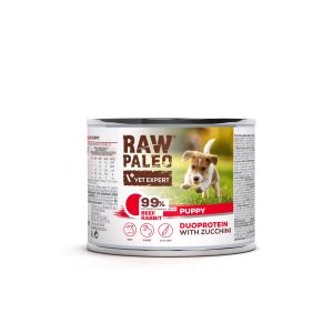 Raw Paleo Beef& Rabbit Puppy - консерва с говеждо, заек тиквичка и боровинка за подрастващи кучета
