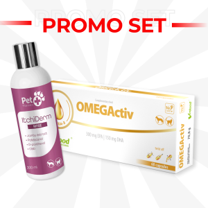 PROMO SET VetFood ItchiDerm Rinse + OMEGActiv капсули